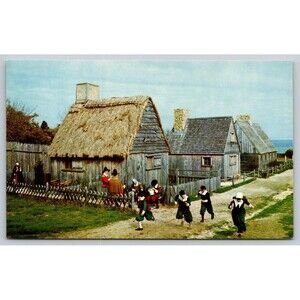 Postcard Massachusetts Plymouth Children in Pilgrim costume Village Plantation